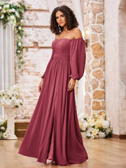 Robe en Mousseline à Manches Longues et Hors de l'Épaule avec Fente Cannelle Rose