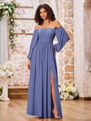 Robe en Mousseline à Manches Longues et Hors de l'Épaule avec Fente Pervenche