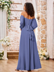 Robe en Mousseline à Manches Longues et Hors de l'Épaule avec Fente Pervenche