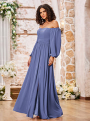 Robe en Mousseline à Manches Longues et Hors de l'Épaule avec Fente Pervenche