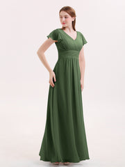 Mancheron Mousseline Longue Robe Demoiselle d'honneur Olive Verte