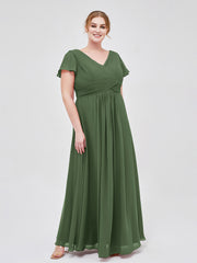 Mancheron Mousseline Longue Robe Demoiselle d'honneur Olive Verte