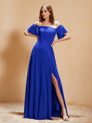 Maxi Robe en Mousseline Hors de l'Épaule avec Fente Bleu Royale Grande Taille