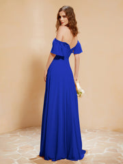 Maxi Robe en Mousseline Hors de l'Épaule avec Fente Bleu Royale Grande Taille