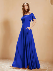 Maxi Robe en Mousseline Hors de l'Épaule avec Fente Bleu Royale Grande Taille
