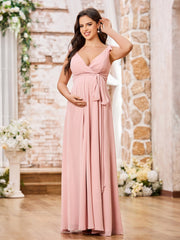 Robe de Maternité en Mousseline à Col en V Profond avec Nœuds aux Épaules Rose Poudré