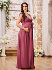 Robe de Maternité en Mousseline à Col en V Profond avec Nœuds aux Épaules Cannelle Rose