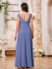 Robe de Maternité en Mousseline à Col en V Profond avec Nœuds aux Épaules Pervenche