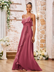 Robe en Mousseline à Bretelles Spaghetti avec Devant Court et Dos Long Cannelle Rose