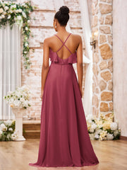 Robe en Mousseline à Bretelles Spaghetti avec Devant Court et Dos Long Cannelle Rose