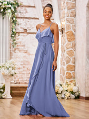 Robe en Mousseline à Bretelles Spaghetti avec Devant Court et Dos Long Pervenche