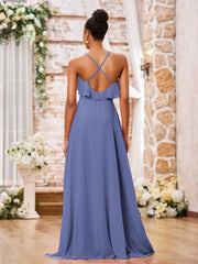 Robe en Mousseline à Bretelles Spaghetti avec Devant Court et Dos Long Pervenche