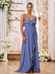 Robe en Mousseline à Bretelles Spaghetti avec Devant Court et Dos Long Pervenche