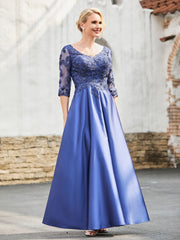 Robe à A-ligne en Satin avec Haut en Dentelle et Col en V Bleu Marine Clair