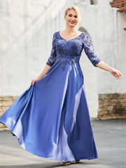 Robe à A-ligne en Satin avec Haut en Dentelle et Col en V Bleu Marine Clair