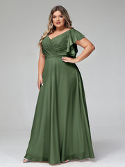 Col En V Mancherons Robes Avec Volants Olive Verte Grande Taille