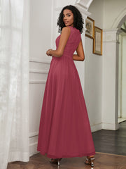 Robe en A-ligne Sans Manches en Tulle Longueur au Sol Cannelle Rose