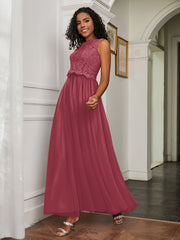 Robe en A-ligne Sans Manches en Tulle Longueur au Sol Cannelle Rose