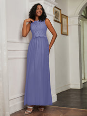 Robe en A-ligne Sans Manches en Tulle Longueur au Sol Pervenche