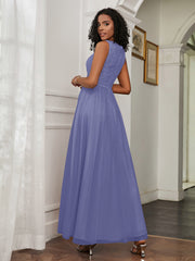 Robe en A-ligne Sans Manches en Tulle Longueur au Sol Pervenche Grande Taille