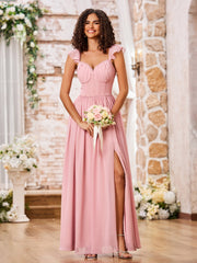 Robe Bohème en Mousseline à Volants avec Col en Cœur Rose Poudré