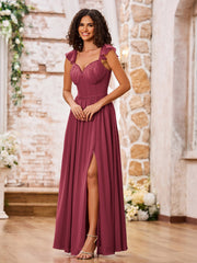 Robe Bohème en Mousseline à Volants avec Col en Cœur Cannelle Rose