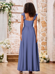 Robe Bohème en Mousseline à Volants avec Col en Cœur Pervenche