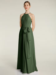 Longueur Complète Mousseline Robes Licou Cou Avec Nœud Olive Verte Grande Taille