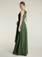 Longueur Complète Mousseline Robes Licou Cou Avec Nœud Olive Verte Grande Taille