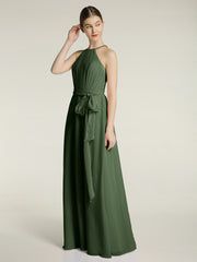Longueur Complète Mousseline Robes Licou Cou Avec Nœud Olive Verte Grande Taille