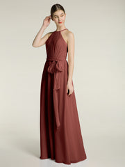 Longueur Complète Mousseline Robes Licou Cou Avec Nœud terracotta Grande Taille