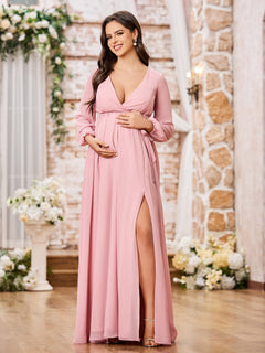 Robe Trapèze en Mousseline à Manches Longues et Col en V avec Fente Rose Poudré