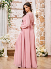 Robe Trapèze en Mousseline à Manches Longues et Col en V avec Fente Rose Poudré