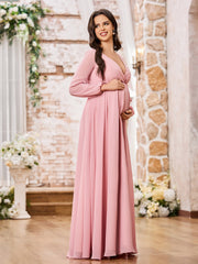 Robe Trapèze en Mousseline à Manches Longues et Col en V avec Fente Rose Poudré