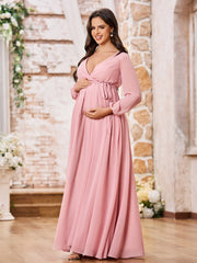 Robe Trapèze en Mousseline à Manches Longues et Col en V avec Fente Rose Poudré