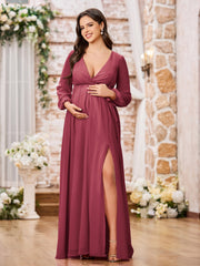 Robe Trapèze en Mousseline à Manches Longues et Col en V avec Fente Cannelle Rose