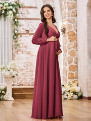 Robe Trapèze en Mousseline à Manches Longues et Col en V avec Fente Cannelle Rose