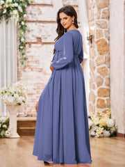 Robe Trapèze en Mousseline à Manches Longues et Col en V avec Fente Pervenche