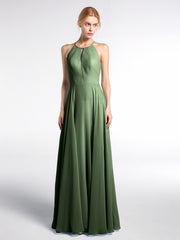 Robe Longue à Décolleté en Trou de Serrure Licou avec Jupe Circulaire Olive Verte