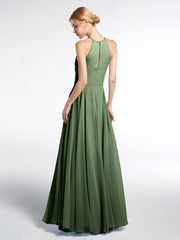 Robe Longue à Décolleté en Trou de Serrure Licou avec Jupe Circulaire Olive Verte Grande Taille