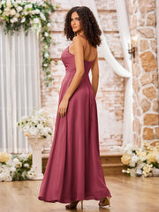 Robe en Mousseline à Bretelles Spaghetti et Col en Cœur Cannelle Rose