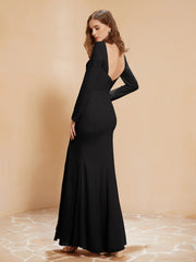 Robe Sirène en Mousseline à Manches Longues avec Fente Noir Grande Taille