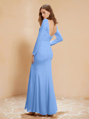Robe Sirène en Mousseline à Manches Longues avec Fente Bleu Grande Taille