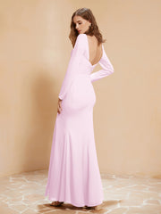 Robe Sirène en Mousseline à Manches Longues avec Fente Rose Pâle Grande Taille