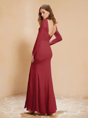 Robe Sirène en Mousseline à Manches Longues avec Fente Bordeaux Grande Taille