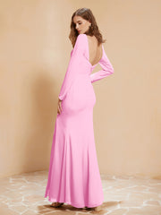 Robe Sirène en Mousseline à Manches Longues avec Fente Rose Bonbon Grande Taille