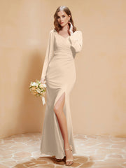 Robe Sirène en Mousseline à Manches Longues avec Fente Champagne
