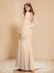 Robe Sirène en Mousseline à Manches Longues avec Fente Champagne Grande Taille