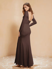Robe Sirène en Mousseline à Manches Longues avec Fente Chocolat Grande Taille