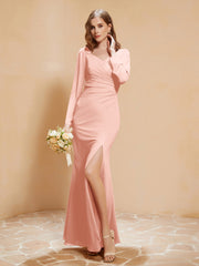 Robe Sirène en Mousseline à Manches Longues avec Fente Corail Grande Taille